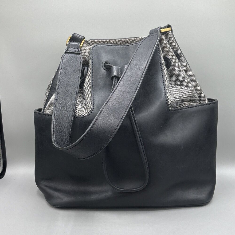 Fossil Cooper Bucket Bag Black Leather Tweed Medium Shoulder Drawstring Handbag